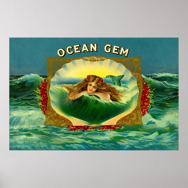 Ocean Gem mermaid cigar label print (Front)