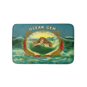 Ocean Gem mermaid cigar label print Bath Mat
