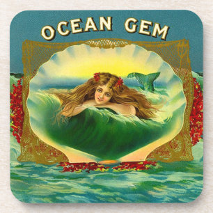 Ocean Gem mermaid cigar label print Coaster