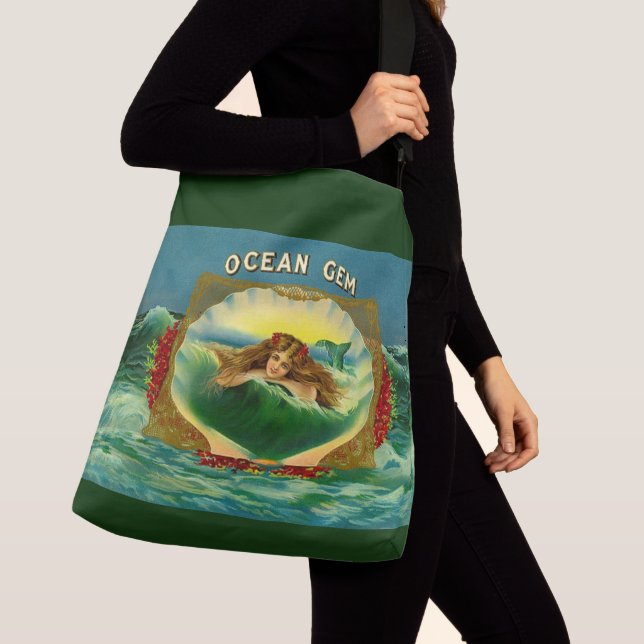 Ocean Gem mermaid cigar label print Crossbody Bag (Close Up)