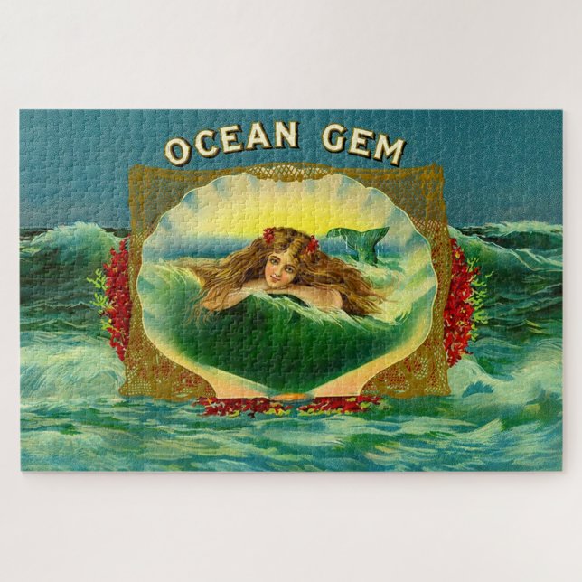 Ocean Gem mermaid cigar label print Jigsaw Puzzle (Horizontal)