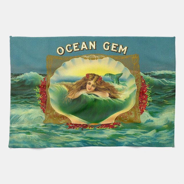 Ocean Gem mermaid cigar label print Kitchen Towel (Horizontal)