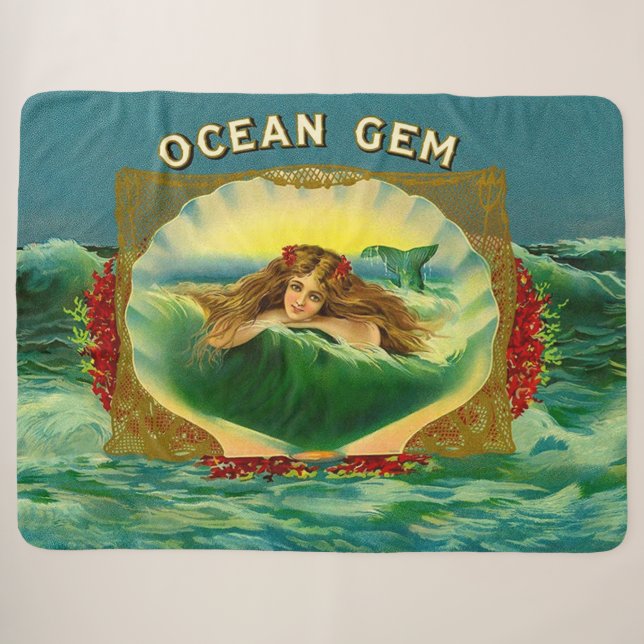 Ocean Gem mermaid cigar label print Sherpa Blanket (Front (Horizontal))