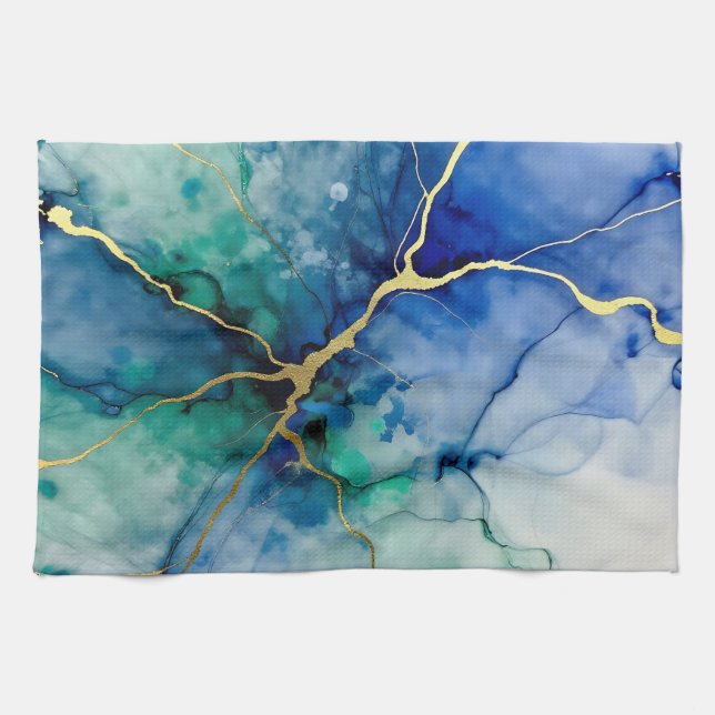 Ocean Geode Alcohol Ink Gold Veins Kitchen Towel (Horizontal)