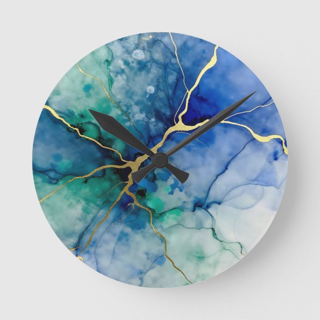 Ocean Geode Alcohol Ink Gold Veins Round Clock (Front)