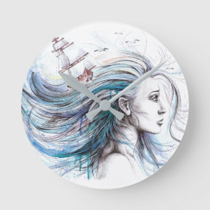 Ocean girl Nautical Surreal Watercolor art Round Clock