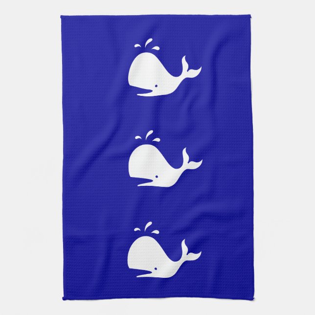 Ocean Glow_White-on-Blue Whale Kitchen Towel (Vertical)