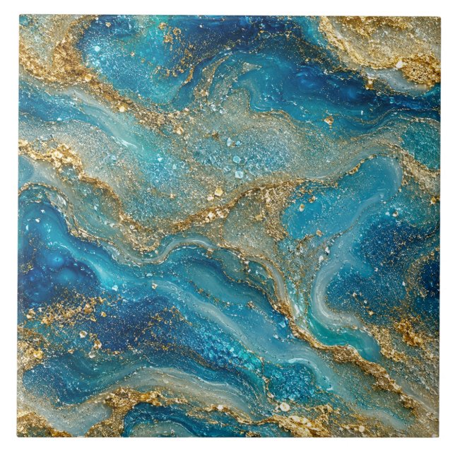 Ocean Gold Flow – Luxury Blue Turquoise Abstract Tile (Front)