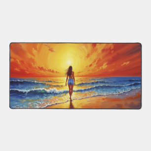 Ocean golden hour glow orange sunset art desk mat
