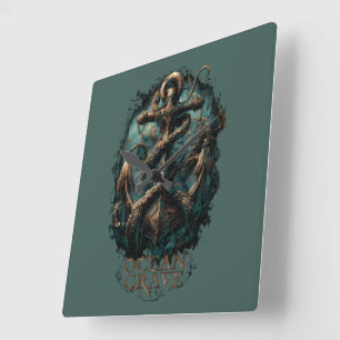 Ocean Grave Kraken Anchor Dark Fantasy Square Wall Clock