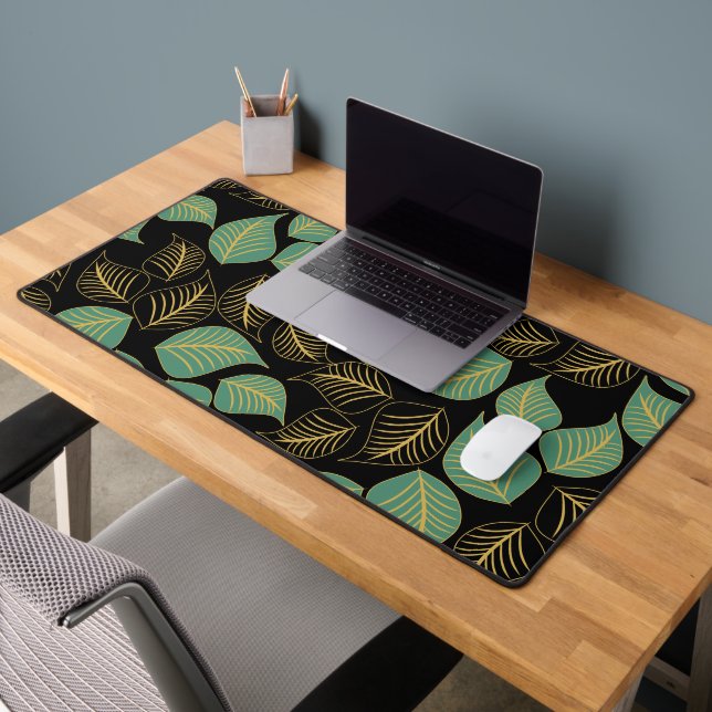 Ocean green and gold broad leaves pattern on black desk mat (Office 2)
