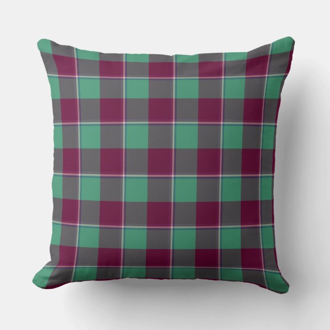 Ocean Green and Mulberry Wood Burgundy Plaid Throw Pillow (Front)