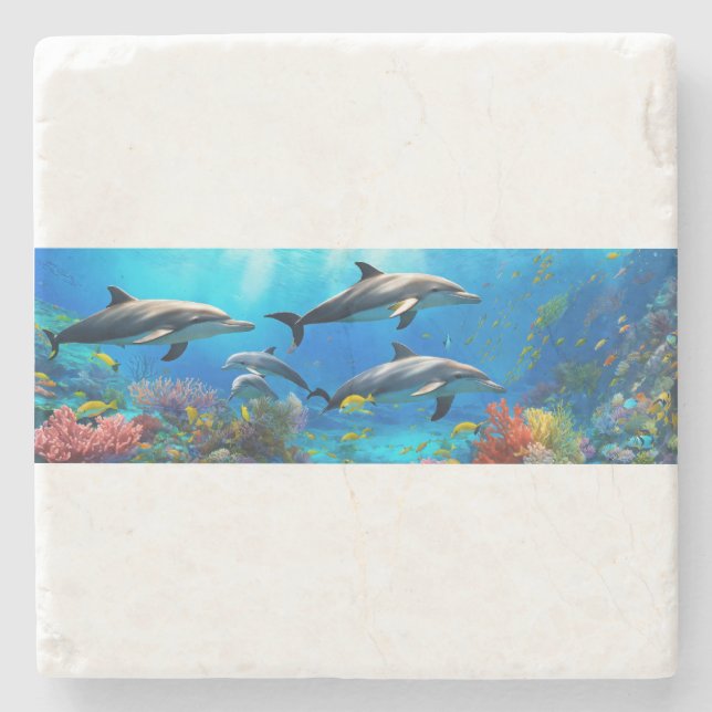 Ocean Harmony: Dolphins Over Coral Reefs Stone Coaster (Front)