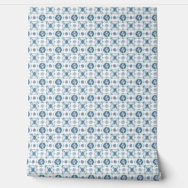Ocean Harmony Tiles Mini Soft Teal, White Coastal Wallpaper (Unrolling)
