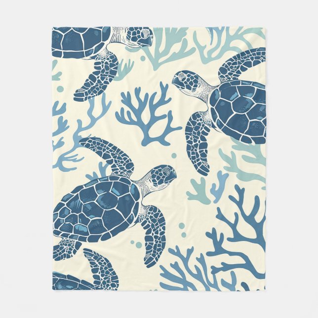 Ocean Harmony: Turtles and Corals Fleece Blanket (Front)