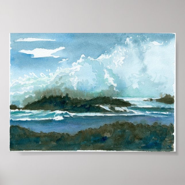 Ocean Hawaii Oahu Waves Splash Watercolor Art Poster (Front)