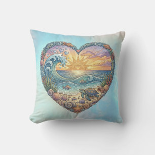 Ocean Heart Coastal Wave Sea Turtle Beach Sunset Throw Pillow