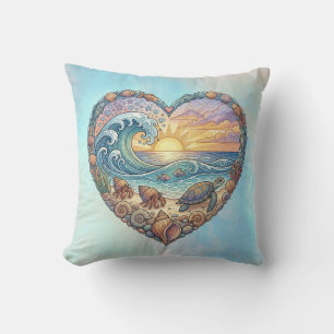 Ocean Heart Coastal Wave Sea Turtle Beach Sunset Throw Pillow