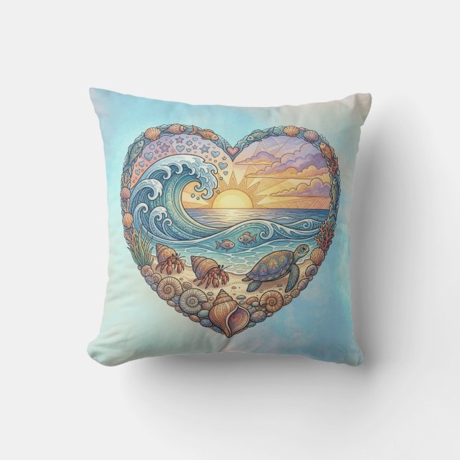 Ocean Heart Coastal Wave Sea Turtle Beach Sunset Throw Pillow (Front)
