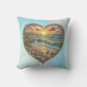 Ocean Heart Coastal Wave Sea Turtle Beach Sunset Throw Pillow