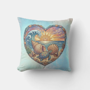 Ocean Heart Coastal Wave Sea Turtle Beach Sunset Throw Pillow