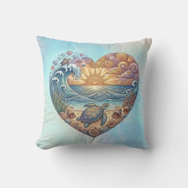 Ocean Heart Coastal Wave Sea Turtle Beach Sunset Throw Pillow (Front)
