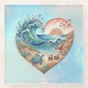 Ocean Heart Sea Turtle Coastal Beach Sunset Art Glass Coaster