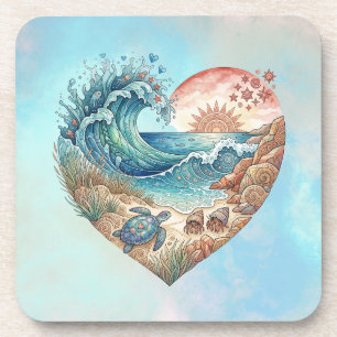 Ocean Heart Tropical Beach Wave Sea Turtle Art Coaster