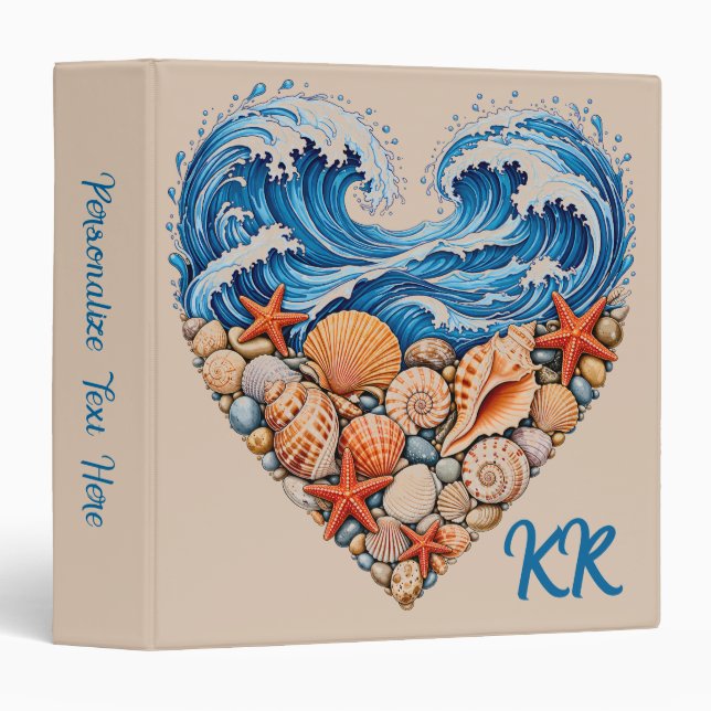 Ocean Heart Waves and Shells – Coastal Personalize Binder (Front/Spine)
