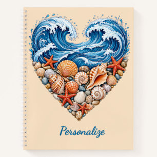 Ocean Heart Waves and Shells – Coastal Personalize Notebook