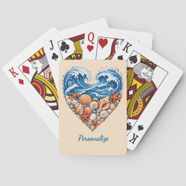 Ocean Heart Waves and Shells – Coastal Personalize Playing Cards (Back)