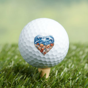 Ocean Heart Waves Seashells – Coastal Beach Initia Golf Balls