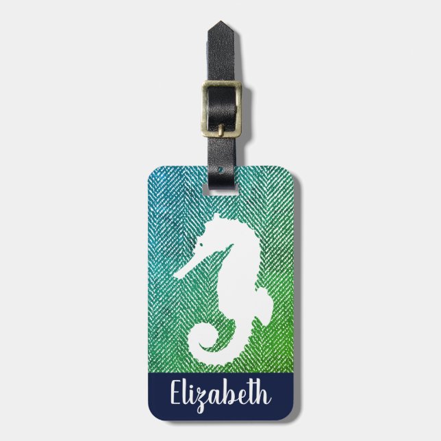 Ocean Hues Herringbone & White Seahorse Luggage Tag (Front Vertical)