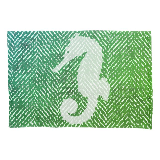 Ocean Hues Herringbone & White Seahorse Pillowcase (Front)