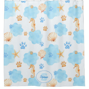 Ocean-Inspired Paw Print Pattern with Seahorses