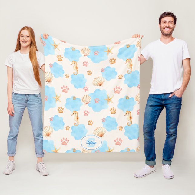 Ocean-Inspired Paw Print Pattern with Seahorses 2 Fleece Blanket (In Situ)