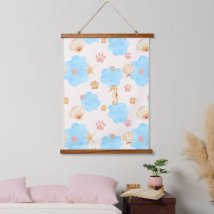 Ocean-Inspired Paw Print Pattern with Seahorses 2 Hanging Tapestry