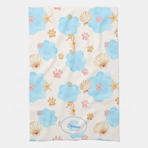 Ocean-Inspired Paw Print Pattern with Seahorses 2 Kitchen Towel