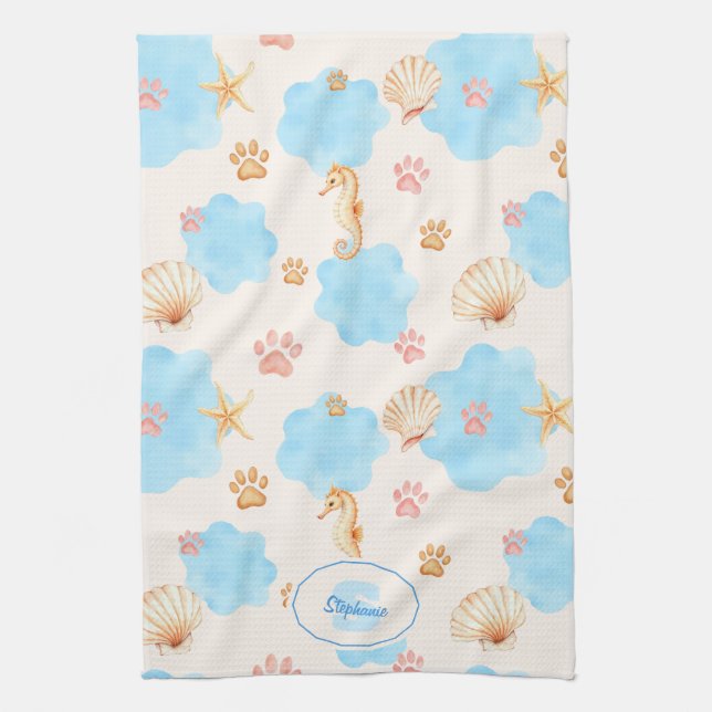 Ocean-Inspired Paw Print Pattern with Seahorses 2 Kitchen Towel (Vertical)