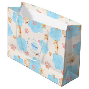 Ocean-Inspired Paw Print Pattern with Seahorses 2 Large Gift Bag
