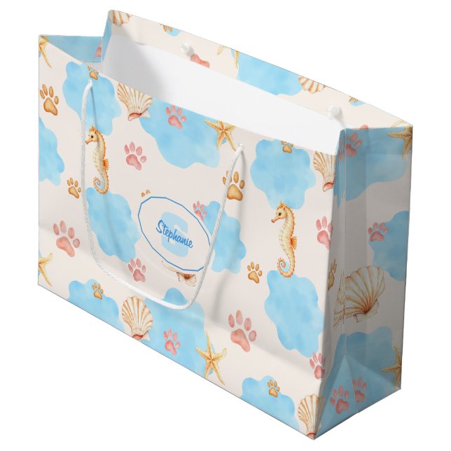 Ocean-Inspired Paw Print Pattern with Seahorses 2 Large Gift Bag (Front Angled)