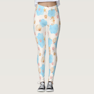 Ocean-Inspired Paw Print Pattern with Seahorses 2 Leggings
