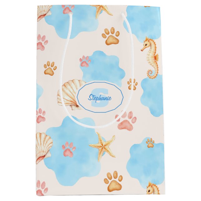 Ocean-Inspired Paw Print Pattern with Seahorses 2 Medium Gift Bag (Front)