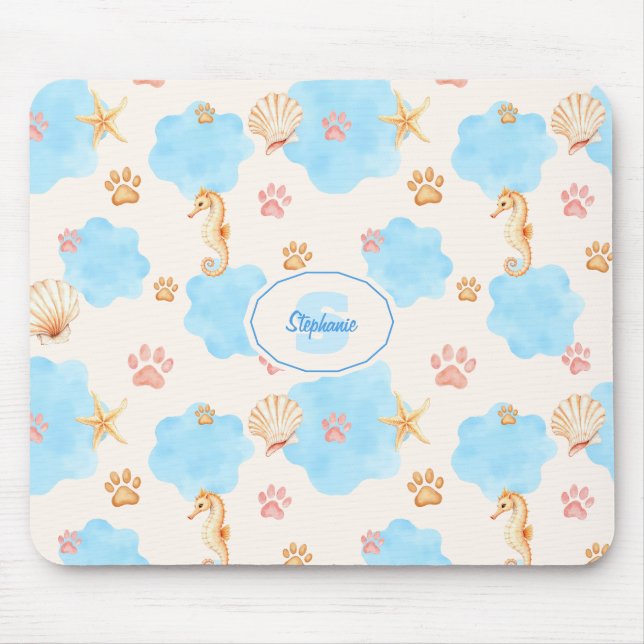 Ocean-Inspired Paw Print Pattern with Seahorses 2 Mouse Pad (Front)