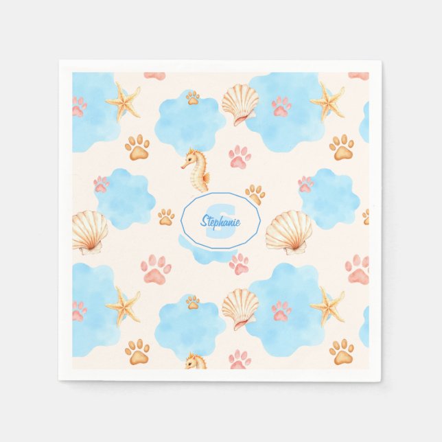 Ocean-Inspired Paw Print Pattern with Seahorses 2 Napkin (Front)