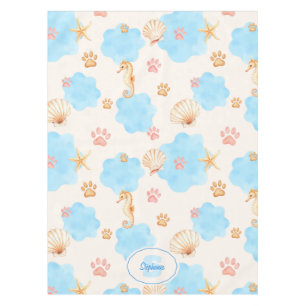 Ocean-Inspired Paw Print Pattern with Seahorses 2 Tablecloth
