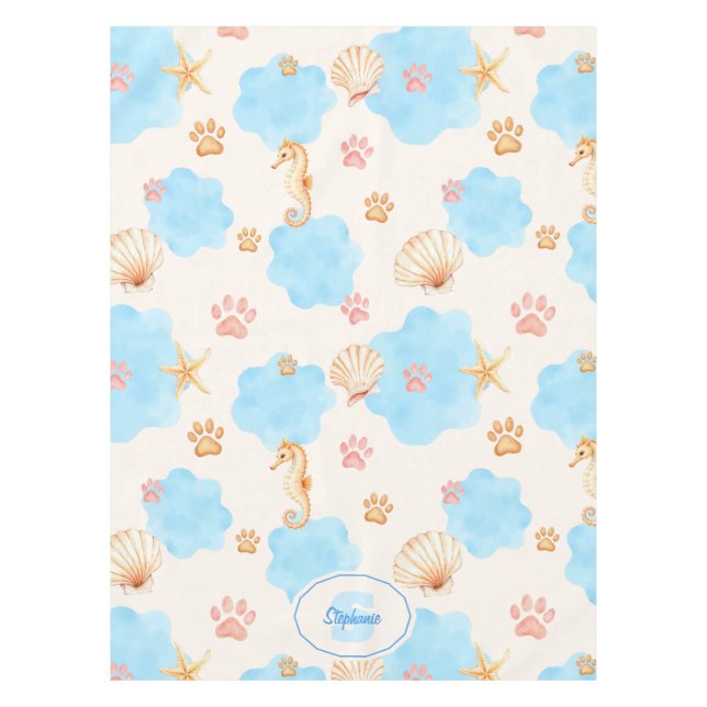 Ocean-Inspired Paw Print Pattern with Seahorses 2 Tablecloth (Front)