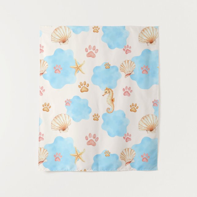 Ocean-Inspired Paw Print Pattern with Seahorses 2 Tapestry (Front)