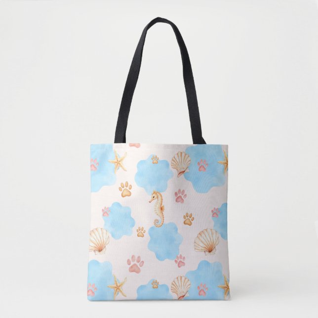 Ocean-Inspired Paw Print Pattern with Seahorses 2 Tote Bag (Front)