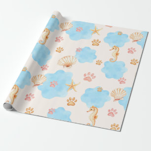 Ocean-Inspired Paw Print Pattern with Seahorses 2 Wrapping Paper